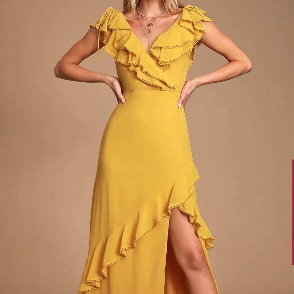 Lulu’s Mustard Yellow Ruffle Dress in EUC - Picture 1 of 9